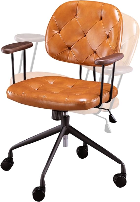 ZJXDPBF Retro PU Leather Home Office Chair, Adjustable Height Swivel Rolling Leisure Chair with Ergonomic Arms & Retro Backrest, Mid-Back Computer Desk Chair for Home Office, Living Room, Study