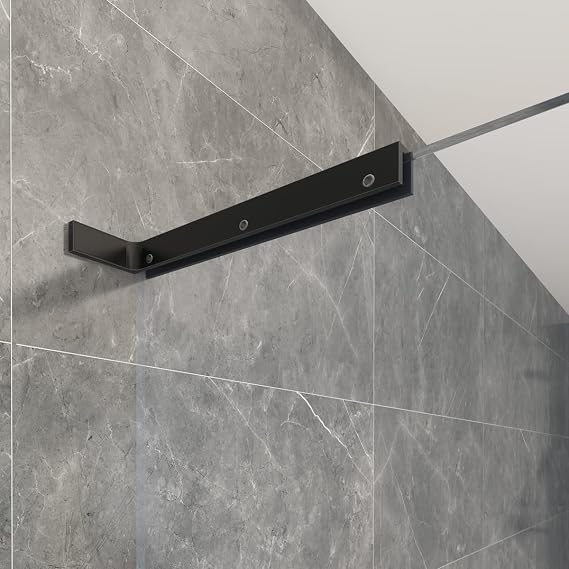 LukLoy Fixed Glass Support Bracket Stabilizer Brace, Frameless Glass to Wall Clamp Shower Glass Support Bar L Shape Mounting Bracket, No-Drill-in-Glass. (Glass on Right, Matte Black)