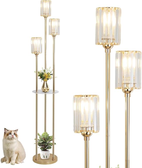 Rayofly Modern Floor Lamp with Shelves, 3-Lights Gold Floor Lamps for Living Room, Crystal Standing Lamp with Glass Shades & Foot Switch, Glas Standing Lamps for Bedroom, Dining Room, Hall, Office [Energy Class D]