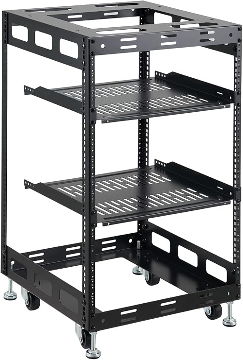 15U Open Frame Rack for Servers & AV Gear - Wall Mountable Design Includes 2X Vented Shelves, 4X Leveling Feet, 4X Casters