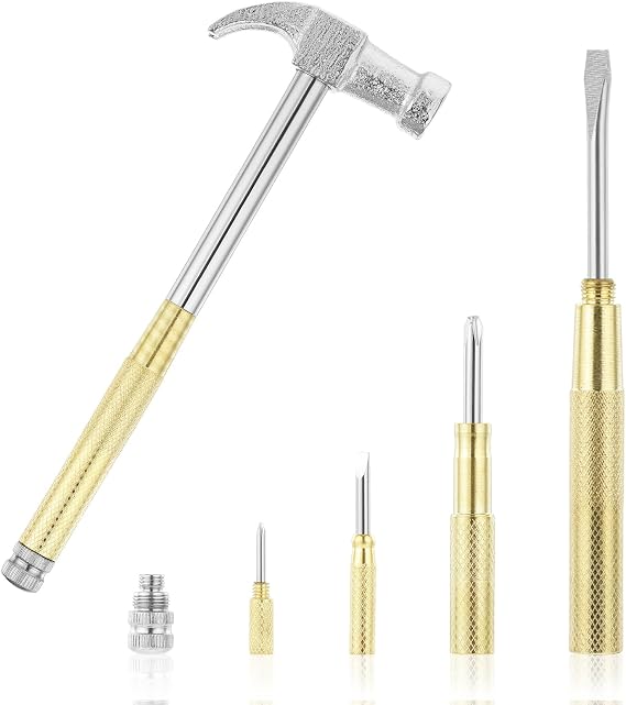 Mini Hammer 6 in 1 Small Hammer Brass Hammer Screwdriver Multitool Camping Hammer Set Screwdriver Hammers Tools Mini Hammer with Screwdriver Hammers Hand Tools Multitool Hammer for Picture Hanging