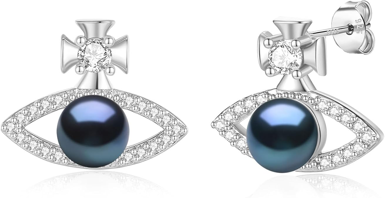 YAMI Women's Silver Saturn Eye Pearl Stud Earrings Black Eye Pearl Stud Earrings 925 Sterling Silver Cubic Zirconia Black Eye Pearl Silver Earrings Unique Saturn Stud Earrings Jewelry Gifts for Women