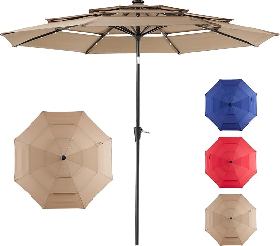 NEWBULIG 10ft Solar Patio Umbrella with 32 LED Lights, Table Market Umbrella with Tilt Adjustment & Crank Lift, Outdoor Sun Shelter for Garden, Deck, Backyard, Pool and Beach