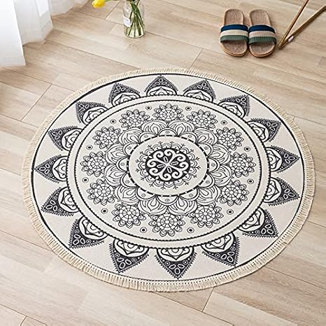 Boho Round Rug - 4Ft Mandala Soft Bedroom Round Plants Area Rug Entryway Foyer Throw Mat Washable Non-Slip Sofa Carpet for Nursery Living Dining Room,Rust/Dull Teal (Gold,90cm)