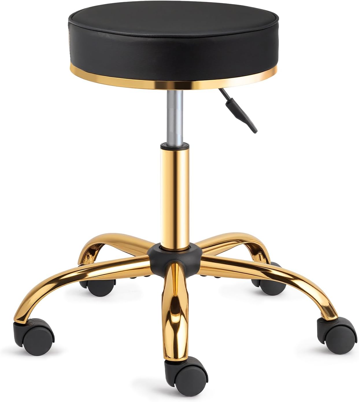Bonnlo Round Rolling Stool with Wheels - Height Adjustable Swivel Stool - for Salon Massage Home Kitchen Clinic, Weight Capacity 400lbs, Black, Golden