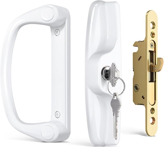 Probrico Patio Sliding Door Lock Set with Key and Mortise Lock, Sliding Glass Door Handles 45 Keyway, Reversible White Sliding Door Lock Set Fits 3-1516 Hole Spacing, 1 to 2 Thick Doors