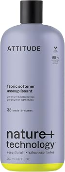 ATTITUDE Liquid Fabric Softener, Natural Origin Ingredients, For White and Colored Clothing, Deodorizes, Gentle on Delicate skin, Infused With Essential Oils, Geranium & Lemongrass, 38 Loads, 32 Fl Oz