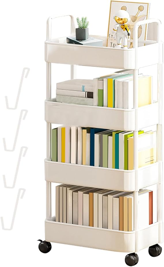 Mobile Bookshelf with Wheel, 3/4 Tiers Movable Bookshelf Cart Organizer, Movable Rolling Storage Book Cart for Library, Home, Laundry Room