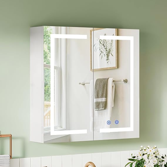 Bathroom Wall-Mounted Mirror Cabinet with Led Lights and Shaver Socket,Upgraded Illuminated LED Bathroom Cabinets with Mirror,Demister Pad, Dimmable, 3 Colour Light, 600mm×600mm [Energy Class E]