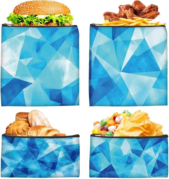 4Pcs 2 Sizes Blue Snack Sandwich Bags Reusable Washable Zipper Design, Cloth Snack Bags Blue Geometric Pattern Food Safety Pouch for Lunch Travel Picnic Outdoor Daily Storage Everyday Use