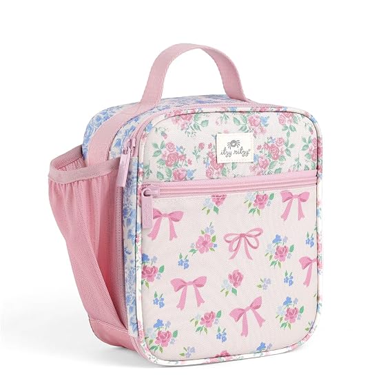 Itzy Ritzy Toddler Lunch Box - Insulated Kids Lunch Bag (Ribbons & Roses) | Includes Water Bottle Holder Plus 2 Pockets, Durable, Easy-to-Clean Toddler Preschool Bag for Snacks, Drinks & Everyday Meals