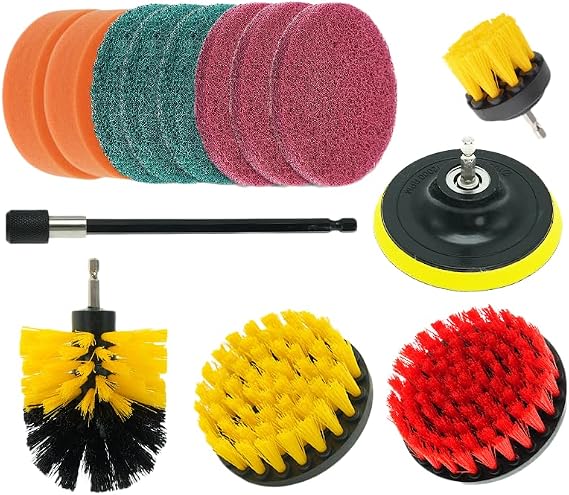 14 Pcs Drill Brush Power Scrubber Brush Set, Drill Brush Attachment Set with Extend Attachment and Scrub Pads Sponge, for Grout, Bathroom Surface, Sinks, Car Detailing, Carpet, Floor