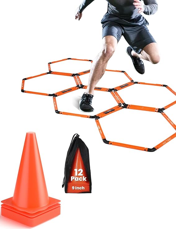 GHB Hex Agility Rings 1 Pack and 12 Pack 9 Inch Football Cones with 3 Carrying Bag