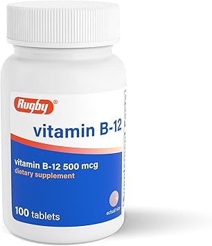 Rugby Vitamin B12 500 mcg - Gluten-Free B12 Supplement for Energy, Metabolism, Nerve, and Immune Support, 100 Tablets