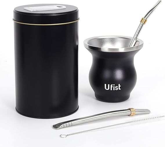 Traditional Wide-mouth Yerba Mate Gourd Kits, Included 37oz Tea Container, Stainless Steel Mate Cup, 2 Bombilla Straws and Cleaning Brush (Black)