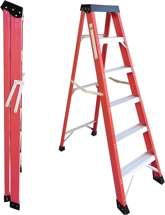 Ladder 6-Foot Fiberglass Step Ladder, 330 lb Capacity Type IA, Heavy Duty Folding Platform Ladder for Home, Work, and Industrial Use,Red:6