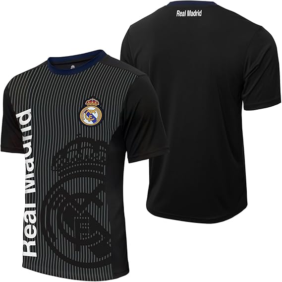 Icon Sports Officially Licensed Real Madrid CF Striped Crest Poly Shirt - Adult & Youth Game Day Shirt