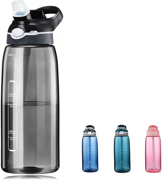 DEARART 32oz Black Water Bottle with Clip, 100% Leakproof Lockable Lid, Capacity Marker Clear Bottle Has Handle Easy Carried, Suit Sports Office Home Gym Travel, Black