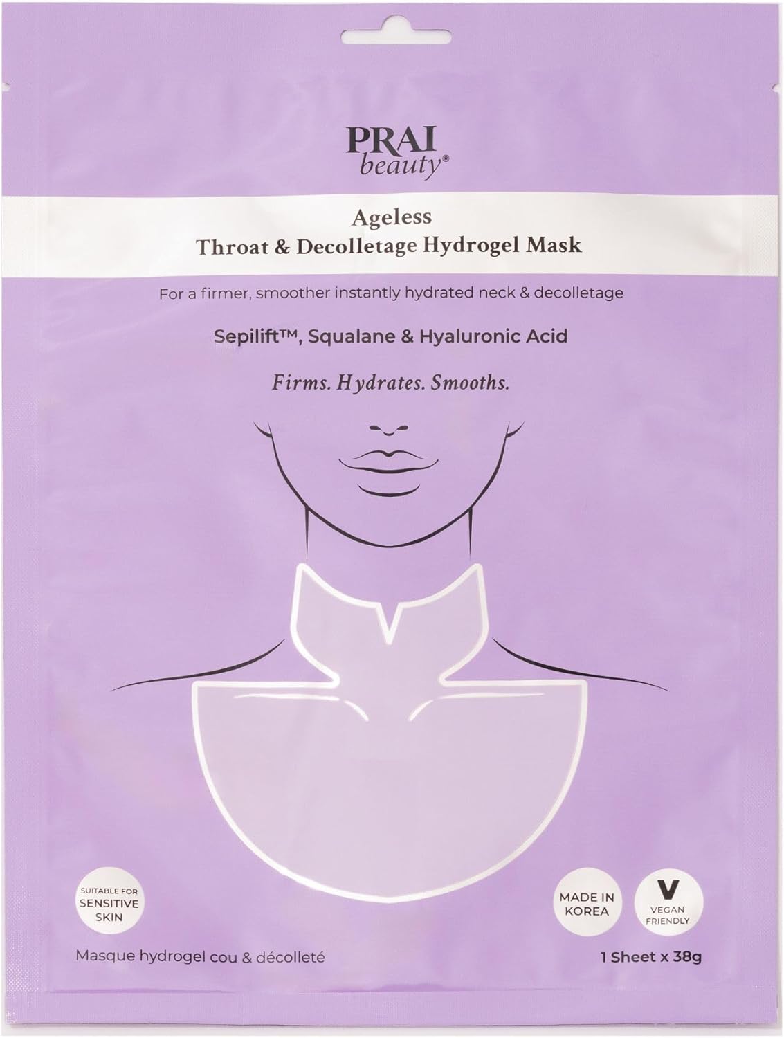 PRAI Ageless Throat & Decolletage Hydrogel Mask - Anti Wrinkle, Neck & Chest Firming Treatment - Smoothes, Lifts, Tightens & Hydrates Skin - With Hyaluronic Acid & Sepilift Technology - Pack of 1