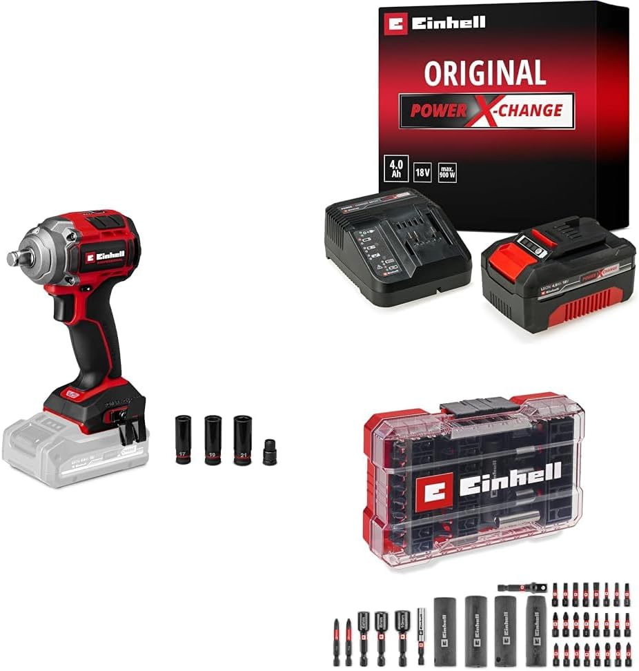 Einhell TP-CW 18/350-C Li BL - Solo, Kömürsüz Akülü Darbeli Somun Sıkma + 18V 4,0 Ah PXC Starter Kit, Akü ve Şarj Cihazı + Bits ve Lokma uç seti 35 parça, M-Case kutu