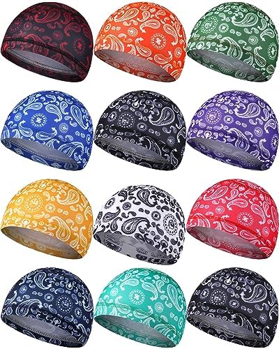 12 Pcs Cooling Skull Cap Sweat Wicking Helmet Liner Cycling Cap Running Hat Motorcycle Beanie Liner for Men Women Paisley Style
