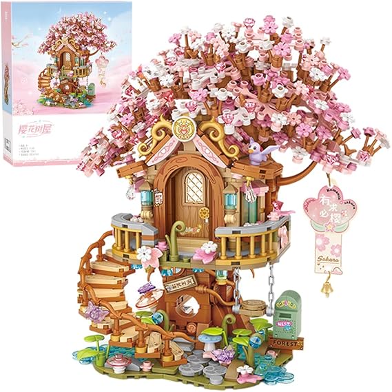 Cherry Blossom Treehouse Block Set, Traditional Chinese Harvest Village Shop Building Set, House Building Kit with Mini Figures, Construction Building Toy for Girls and Boys, 1149 PCS