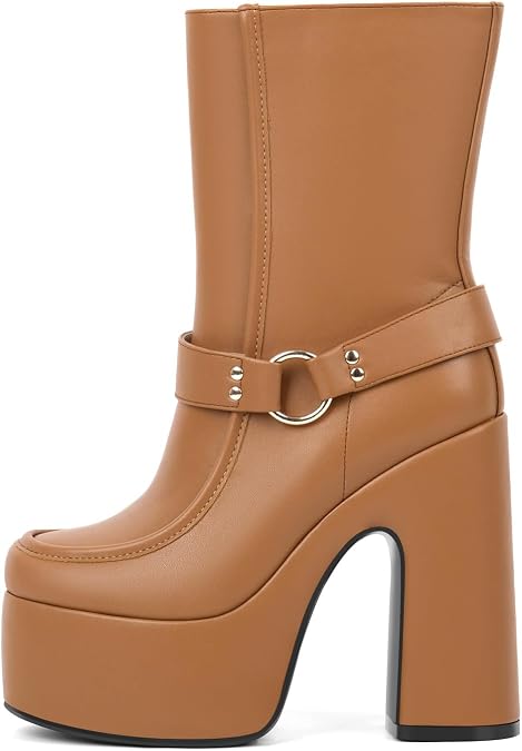 onlymaker Women's Retro Boots Chunky Heel Mid-Calf Platform with Ankle Strap Metal Ring Studs