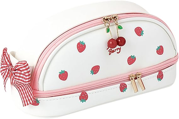 Kawaii Pencil Pouch, Large Cute Pencil Case, Portable Zipper Aesthetic Case with Bow Handle, Waterproof PU Box, Cute for Office Workspace School Supplies