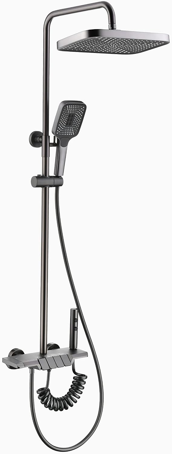 Lefton All-in-one Shower Set with Dual Shower Head, Shower Faucet Set with Spray Gun, 4 Control Buttons, Adjustable Water Outlet Modes, Grey, SS2203-2