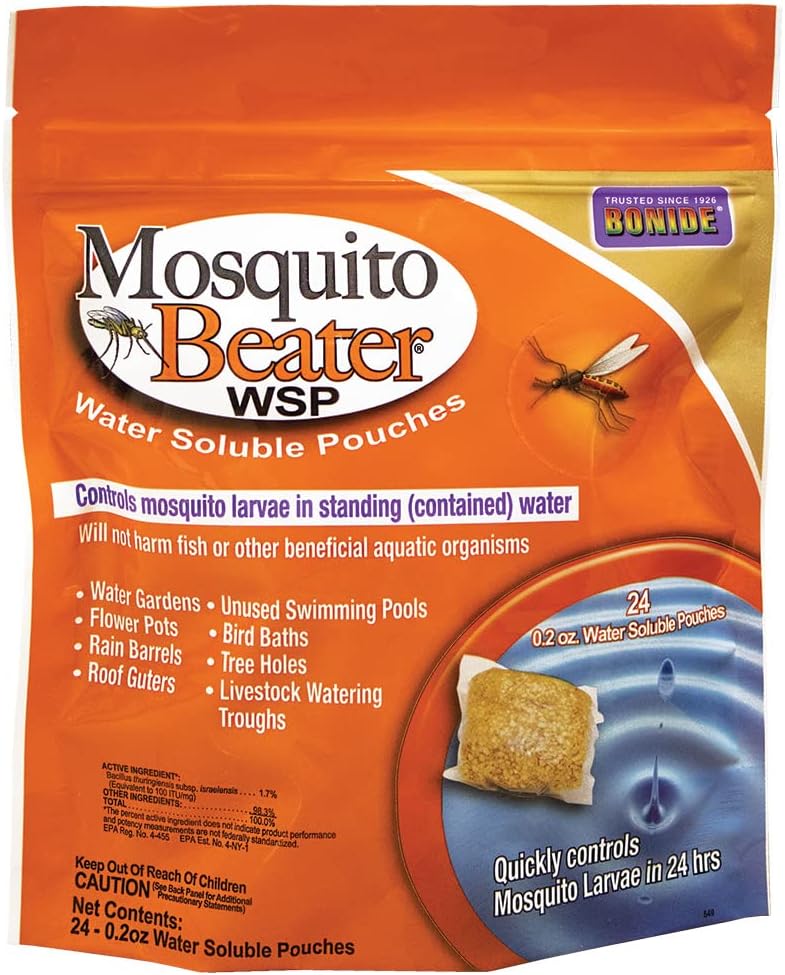 Bonide Mosquito Beater Water Soluble Pouches, Pack of 24 Pouches Control Mosquito Larvae in Standing Water, Wont Harm Fish