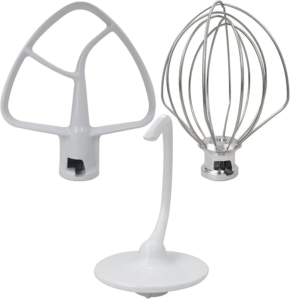 Stand Mixer Attachments(3pcs Set) K45WW Wire Whip/ K45DH Dough Hook /K45B Coated Flat Blade Paddle w/Scraper for K45DH K45, K45SS, KN15E1X, 3K45, 4K45, 4KSM90, 4KSM150, US Stock