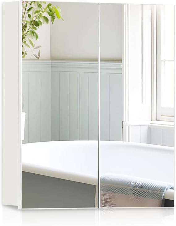 CLIPOP 2 Doors Bathroom Mirror Cabinet, 50 x 60cm Wall Mounted Storage Cabinet with Adjustable Shelves, Double Mirrored Doors Storage Organizer for Bathroom Toilet Washroom