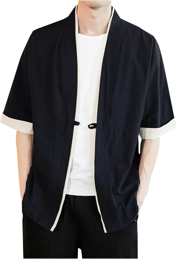 Mens Linen Shirts Japanese Half Sleeve Kimono Cardigan Yukata Coat Loose Open Front Cardigans Jacket Tops