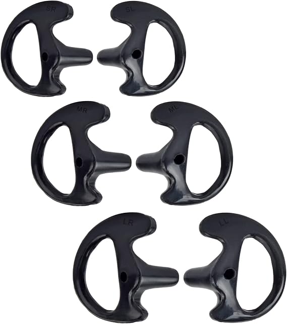 HYS Black Soft Earmold Replacement Ear Pieces - Flexible Open Ear Insert Earbuds for Transparent Air Acoustic Earpiece Headset - Large, Medium, Small Left and Right Earmold