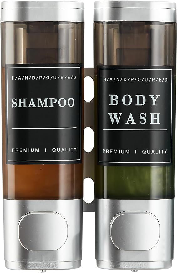 Unisence Shower Dispenser 2 Chamber No Drill Wall-Mounted Shampoo and Conditioner Dispenser for Shower Wall, Large Capacity, Silver