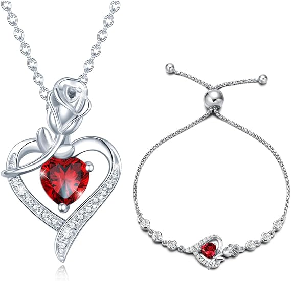 AGVANA Fine Jewelry January Birthstone Genuine Garnet Necklace Bracelet for Women Sterling Silver CZ Rose Flower Heart Pendant Mothers Day Gifts for Mom Anniversary Birthday Gifts for Girls Her