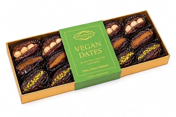 Stuffed Medjool Dates Gift Box, 15 Pieces, Vegan Dates Filled with Pistachio & Hazelnut, Gourmet Date Gift Box