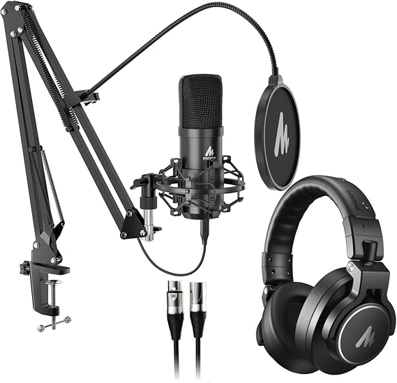 MAONO USB XLR Condenser Microphone: PC Computer Podcast Streaming Gaming Cardioid Metal Mic Kit with Studio Headphones (A04 Gen2+MH700+XLR Cable)