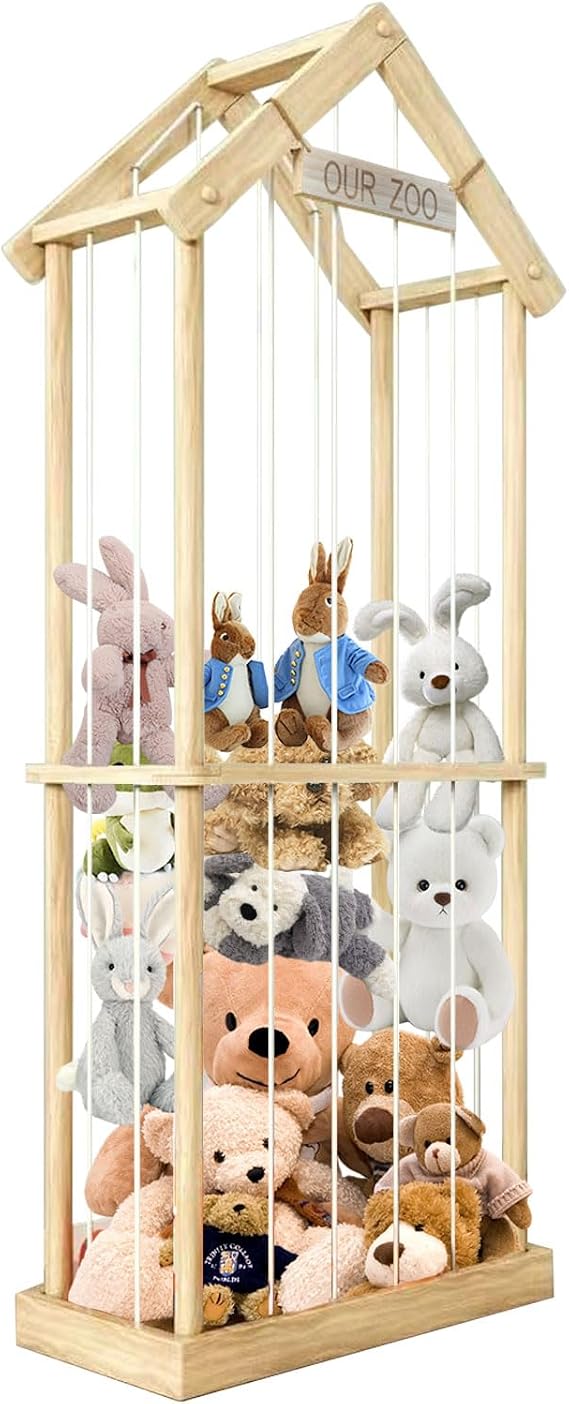 Stuffed Animal Storage Cage, Large Solid Wood Soft Toy Organizer with Zoo Plaque, 154 * 32 * 58cm, Cuddly Toy Storage for Nursery Playroom Bedroom