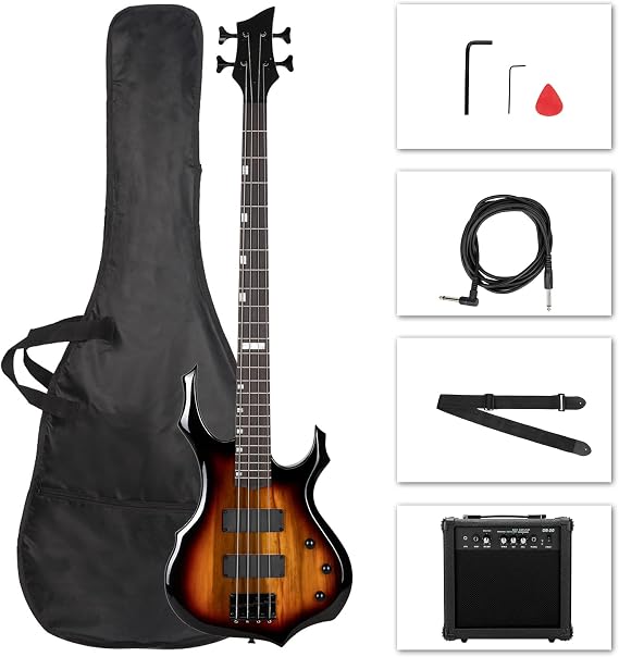 Ktaxon Electric Bass Guitar Full Size Flame Design Bass Guitar Kit (Sunset)