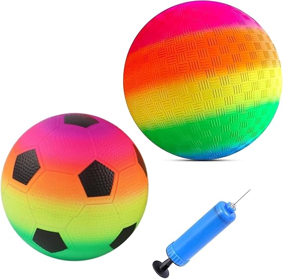 Playground Balls Kickballs,2 Pcs Inflatable Beach Ball with Pump,9 Inch Inflatable Rainbow Ball,Dodgeball for Indoor & Outdoor Schoolyard Games
