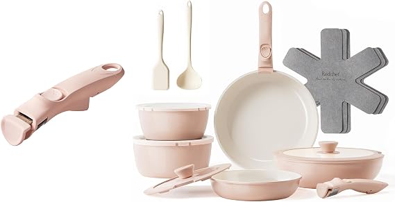 Redchef 17pcs Ceramic Pots and Pans Set Non Stick, Nonstick Kitchen Cookware Set with Detachable Handle, Non Toxic, PFAS PFOA & PTFE Free, RV Ceramic Cookware Set for Camping, Dishwasher/Oven Saf