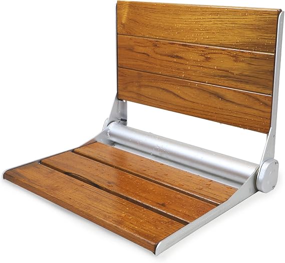 18" Folding Serena Teak Wood Shower Bench Seat, ADA-Inspired Accessibility Design, Clear Coated for Extra Protection and Smooth Modern Finish, Foldable Wall-Mounted Fold Up Bathroom Seating Chair