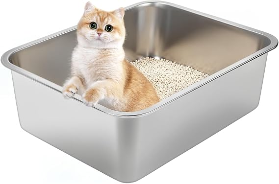 Stainless Steel Cat Litter Box Large Stainless Steel Box, Anti-Rust, Non-Stick, Easy to Clean, Odor-Resistant Durable Metal Litter Pan for Cats & Kittens,Rabbit,Dog(17.5 "L x 13.6" W x 6 "H)