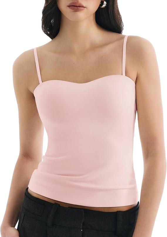 Built in Bra Tank Tops for Women, Double Lined Padded Cami Scoop Neck Spaghetti Straps Basic Summer Top 2026