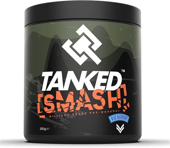 Tanked Smash Pre Workout Powder 250g – Energy Drink with Creatine Monohydrate – Improves Focus & Intensity Levels – 50 Servings (Blue Raspberry)