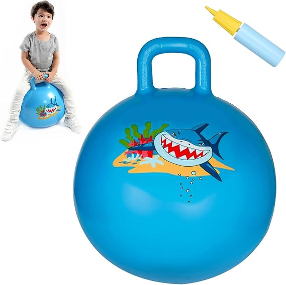 INPANY Bouncy Hopper Ball with Handle, 18-inch for Kids 36, Pump Included | Anti-Burst PVC, Load 300 Lbs, Shark Pattern, Anti-slip Handle & Bottom, 90 Seconds Setup, Indoor & Outdoor, Gifts for Kids