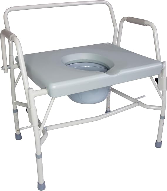 DMI Drop Arm Portable Toilet Commode, Extra-Wide Seat, 500 Pound Weight Capacity, Bucket with Lid Included, Adjustable Legs, Elderly Assistance Products, Grey