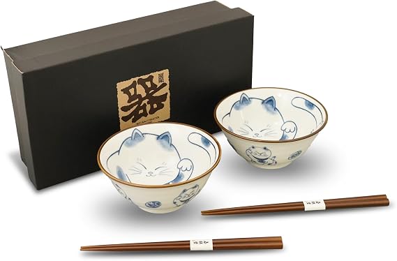 Mino Ware Cat-Design Rice Bowl & Wakasa-Nuri Wooden Chopsticks Pair Set - Artisan Japanese Tableware for Various Dishes, Presented in an Elegant Black Box (Lucky Cat)