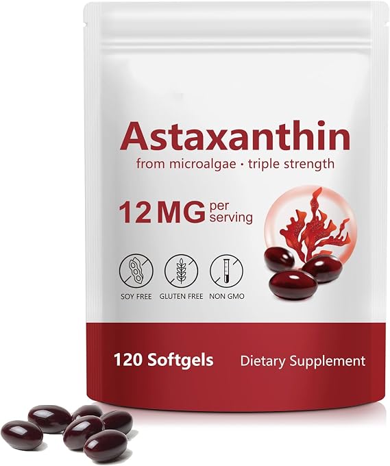 Astaxanthin 12mg 120 Softgels - 4 Months Supply - Triple Strength Astaxanthin Supplements, Non-GMO Gluten Free Soy Free,Sourced from Haematococcus Pluvialis Microalgae - for Both Men & Women